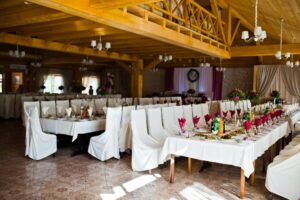 Beautiful wedding set decoration in the restaurant.